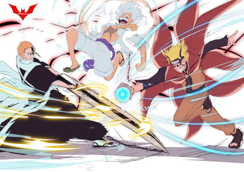 3boys, alternate_form, artist_name, aura, bankai, baryon_mode, batm_andrew, battle, black_pants, black_sclera, bleach, bleach:_the_thousand-year_blood_war, blonde_hair, boruto:_naruto_next_generations, brown_eyes, cloud_hair, colored_sclera, crossover, curly_eyebrows, facial_mark, fighting, finger_claws, forehead_protector, fur-trimmed_shorts, fur_trim, gear_fifth, glowing, grin, heterochromia, highres, holding, holding_sword, holding_weapon, hollowfication, horns, jacket, konohagakure_symbol, kurosaki_ichigo, monkey_d._luffy, multiple_boys, multiple_crossover, naruto, naruto_(series), naruto_shippuuden, ninja, one_piece, open_clothes, open_mouth, orange_hair, orange_jacket, orange_pants, pants, rasengan, red_eyes, sandals, scar, scar_on_cheek, scar_on_chest, scar_on_face, shirt, short_hair, shorts, shoulder_guard, shounen_jump, single_horn, smile, sword, teeth, tensa_zangetsu_(bankai), uzumaki_naruto, weapon, whisker_markings, white_hair, white_jacket, white_shirt, white_shorts