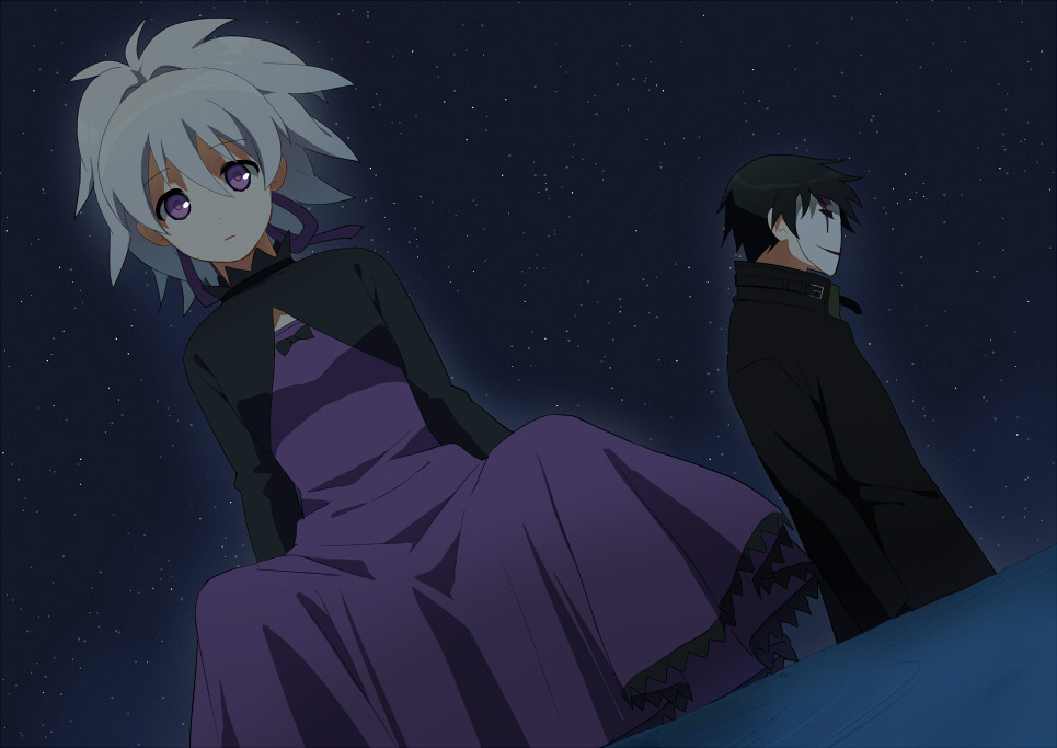 black_hair, bow, coat, darker_than_black, dress, dutch_angle, hair_ribbon, hei