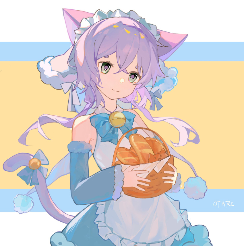 1girl, animal_ears, apron, artist_name, basket, blue_bow, blue_bowtie, blue_dress, bow, bowtie, breasts, cat_ears, cat_girl, cat_tail, closed_mouth, crossed_bangs, detached_sleeves, dress, green_eyes, highres, holding, holding_basket, maid_apron, maid_headdress, maimai_(game), otarc, purple_hair, salt_(maimai), short_hair, smile, solo, tail, upper_body, white_apron
