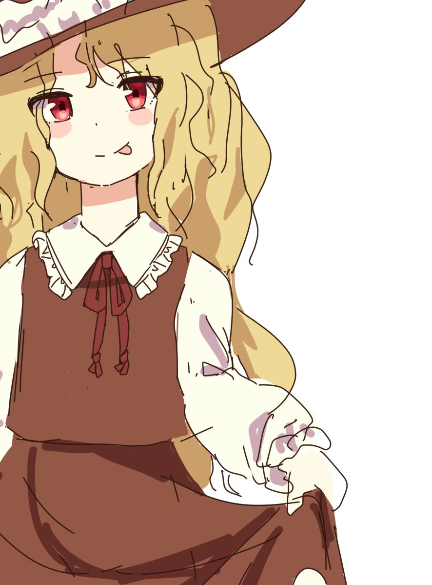1girl, blonde_hair, brown_headwear, brown_ribbon, brown_skirt, brown_vest, collared_shirt, commentary_request, frilled_hat, frilled_shirt_collar, frills, hat, jacket_girl_(dipp), long_hair, long_sleeves, red_eyes, ribbon, shirt, simple_background, skirt, skirt_hold, skirt_set, smile, solo, syouziki_mono9, tongue, tongue_out, touhou, upper_body, very_long_hair, vest, wavy_hair, white_background