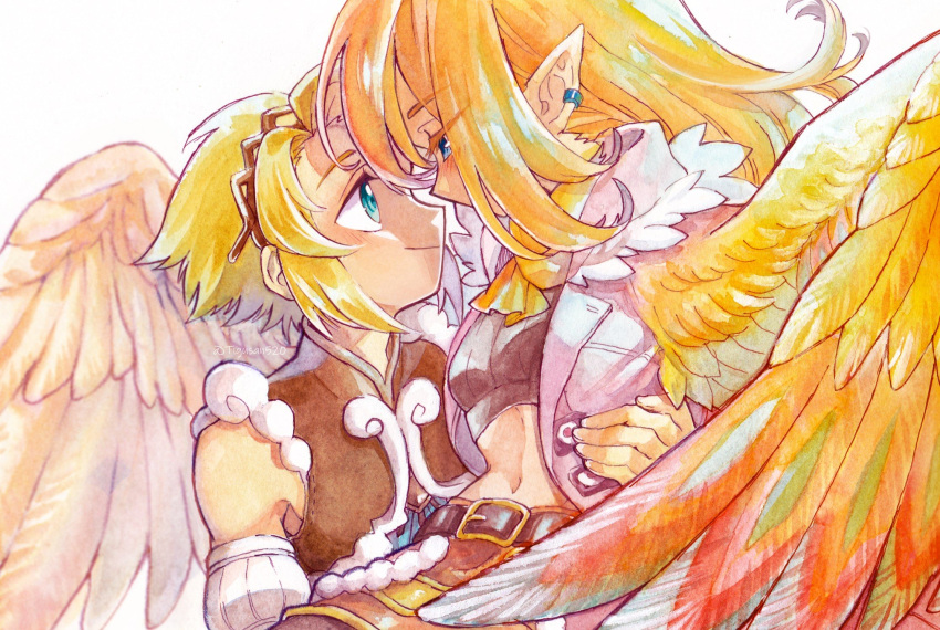 1boy, 1girl, belt, black_belt, blonde_hair, blue_eyes, blush, brown_vest