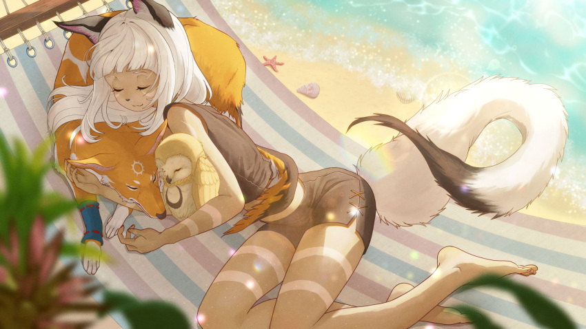 1girl, animal_ears, barefoot, beach, bird, blurry, blurry_foreground, body_markings, closed_eyes, fox, hammock, highres, kanitamago, ocean, ochette_(octopath_traveler), octopath_traveler, octopath_traveler_ii, owl, seashell, shell, shorts, sleeping, starfish, tail, white_hair