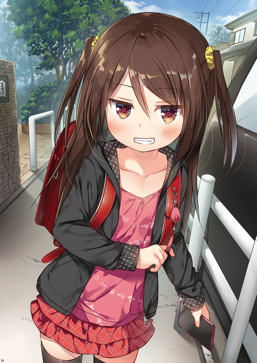 1girl, backpack, bag, black_thighhighs, blackmail, blush, brown_hair, car, cellphone, collarbone, crime_prevention_buzzer, grin, hair_ornament, hair_scrunchie, highres, iphone, looking_at_viewer, miniskirt, motor_vehicle, non-web_source, original, outdoors, phone, randoseru, scrunchie, skirt, smartphone, smile, solo, thigh-highs, tree, yukino_minato