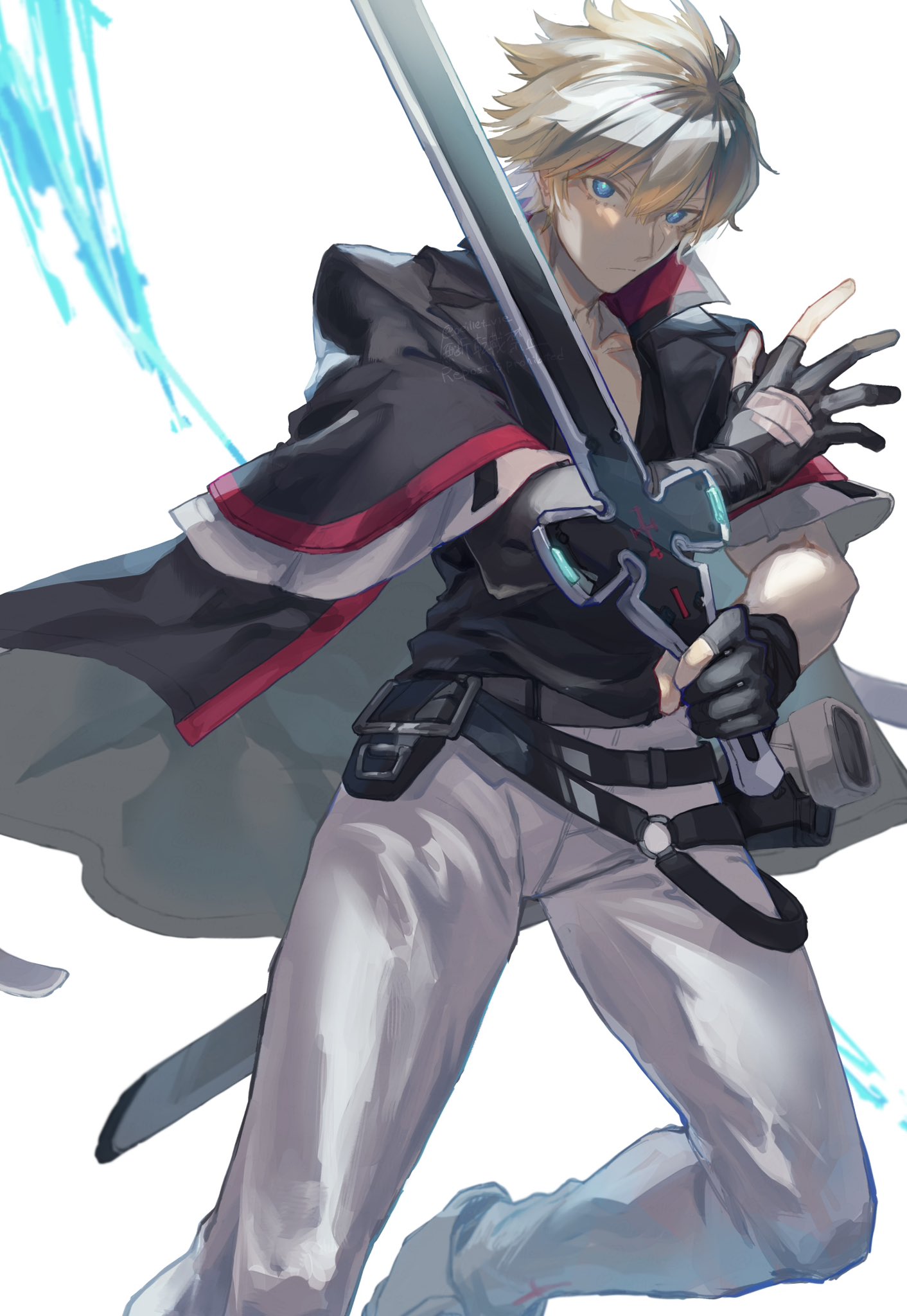 1boy, alternate_color, belt, black_gloves, black_jacket, black_shirt, blonde_hair, blue_eyes