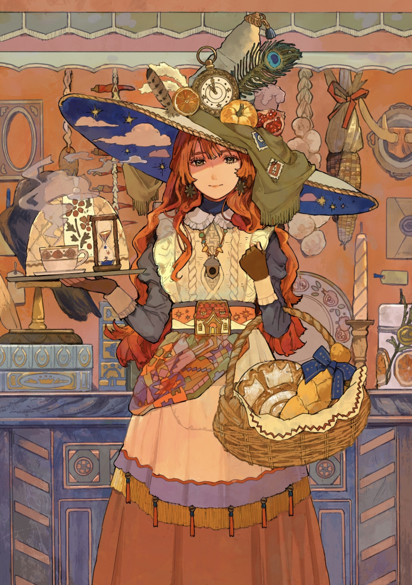 1girl, acorn, apron, basket, blue_sash, blue_shirt, blue_tassel, bookmark