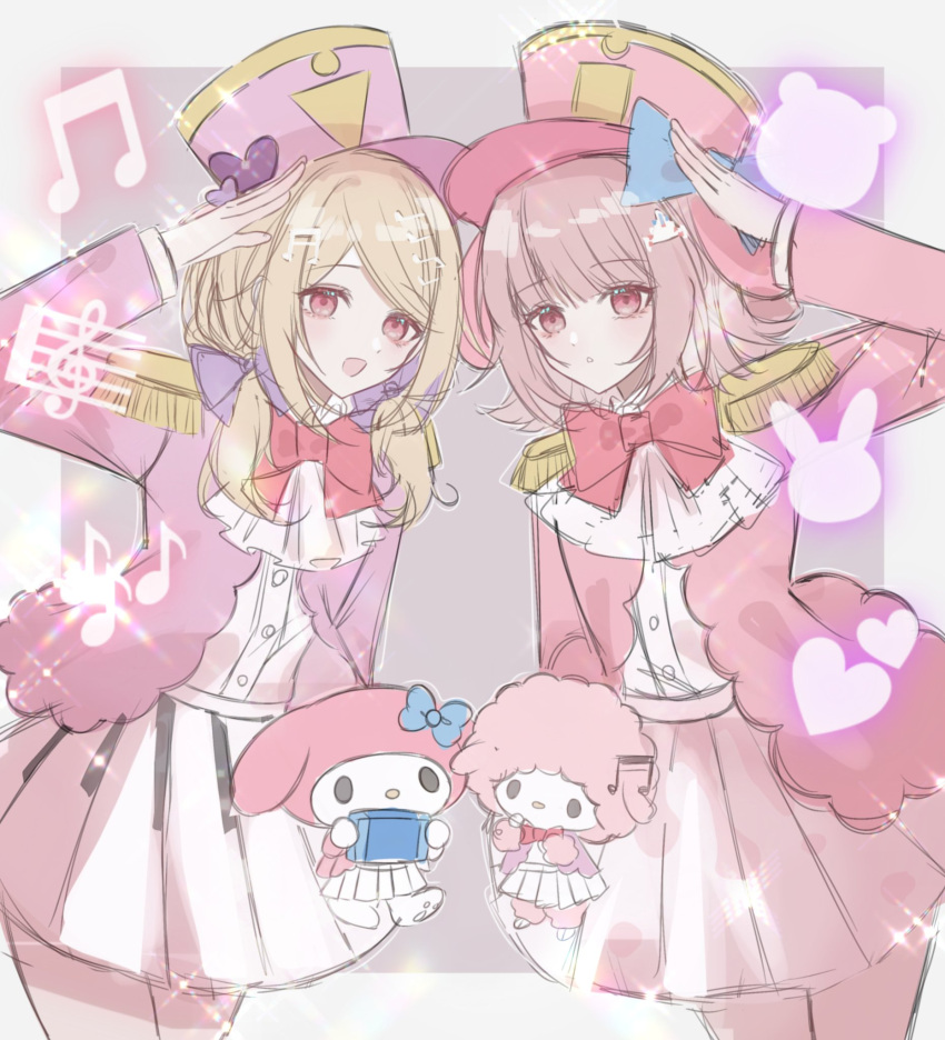 2girls, :d, :o, akamatsu_kaede, ascot, blonde_hair, bow, bowtie, brown_skirt, danganronpa_(series), danganronpa_2:_goodbye_despair, danganronpa_v3:_killing_harmony, dress_shirt, flipped_hair, galaga, hair_bow, hair_ornament, heart, highres, huacha_(ktk7skr), jacket, long_hair, medium_hair, miniskirt, multiple_girls, musical_note, my_melody, my_sweet_piano, nanami_chiaki, open_clothes, open_jacket, open_mouth, pink_background, pink_bow, pink_bowtie, pink_eyes, pink_hair, pink_headwear, pink_jacket, pleated_skirt, salute, sanrio, shirt, shirt_tucked_in, skirt, smile, white_ascot, white_shirt