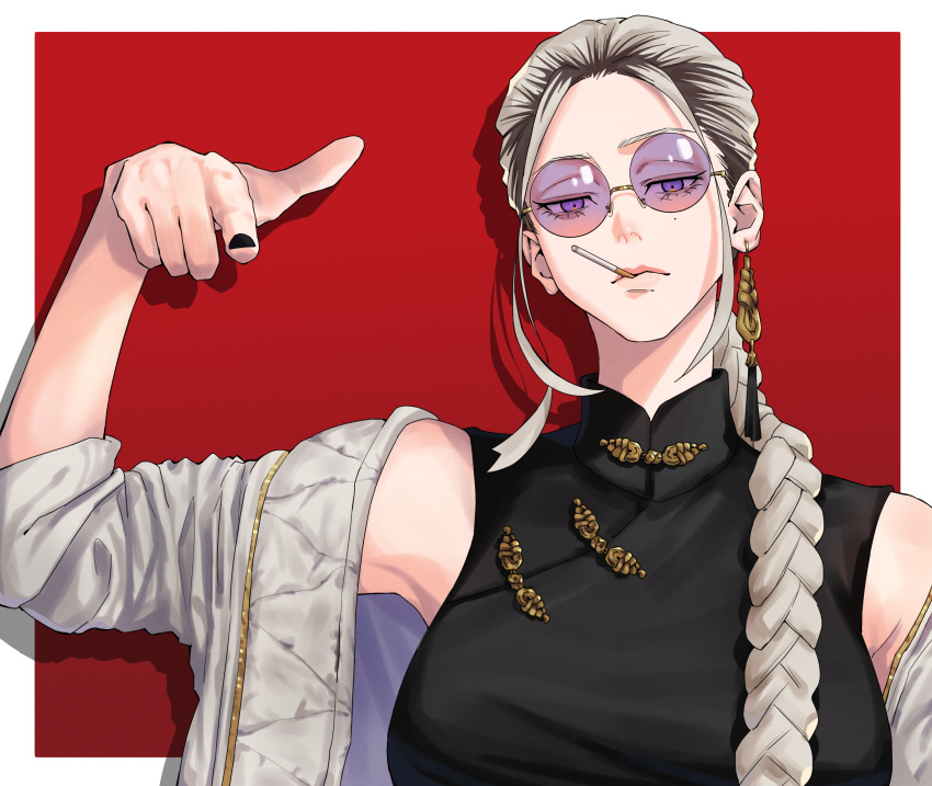 1girl, black_dress, braid, braided_ponytail, cigarette, dress, earrings, gokurakugai