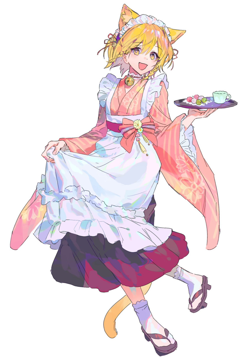 1girl, animal_ears, apron, bell, blonde_hair, brown_skirt, cat_ears, cat_girl
