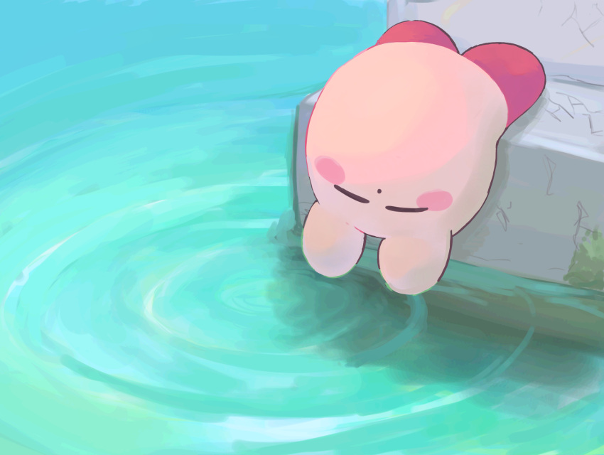 closed_eyes, colored_skin, commentary_request, highres, kirby, kirby_(series), lying, moss, no_humans, pink_skin, ripples, shoyu_nimono, solo, water