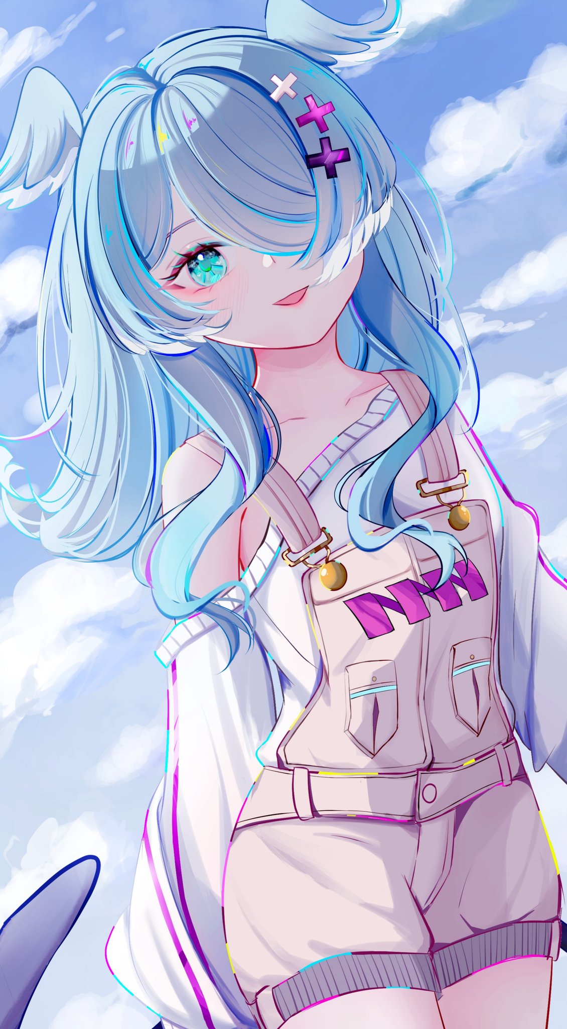 1girl, blue_eyes, blue_hair, blue_wings, elira_pendora, elira_pendora_(1st_costume), grey_overalls, hair_ornament, hair_over_one_eye, head_wings, highres, long_hair, multicolored_hair, nijisanji, nijisanji_en, nio_(niorine), off_shoulder, one_eye_covered, open_mouth, overall_shorts, overalls, smile, solo, sweater, virtual_youtuber, white_hair, white_sweater, wings, x_hair_ornament