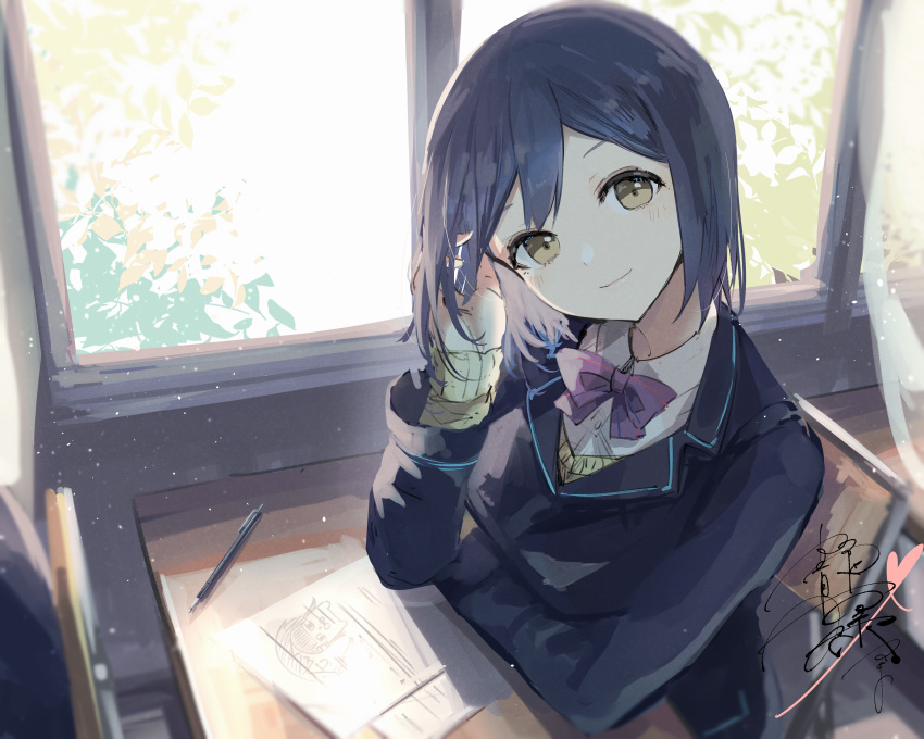 1girl, absurdres, black_hair, blazer, crossed_arms, desk, highres, indoors