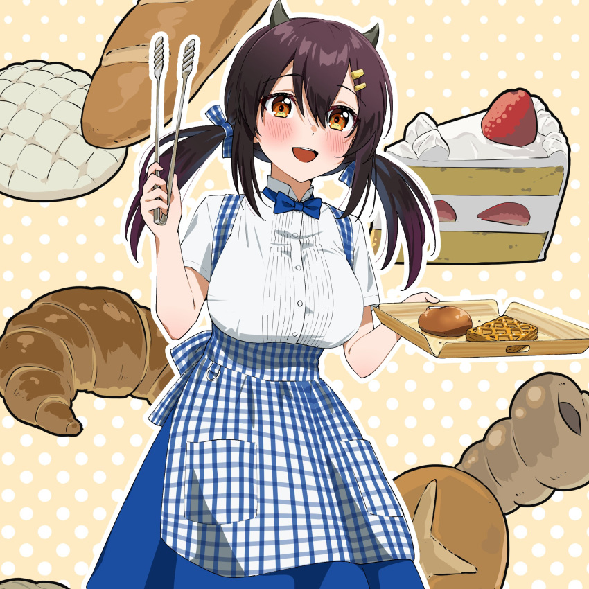 1girl, absurdres, apron, azur_lane, baguette, black_hair, blue_apron, blue_bow