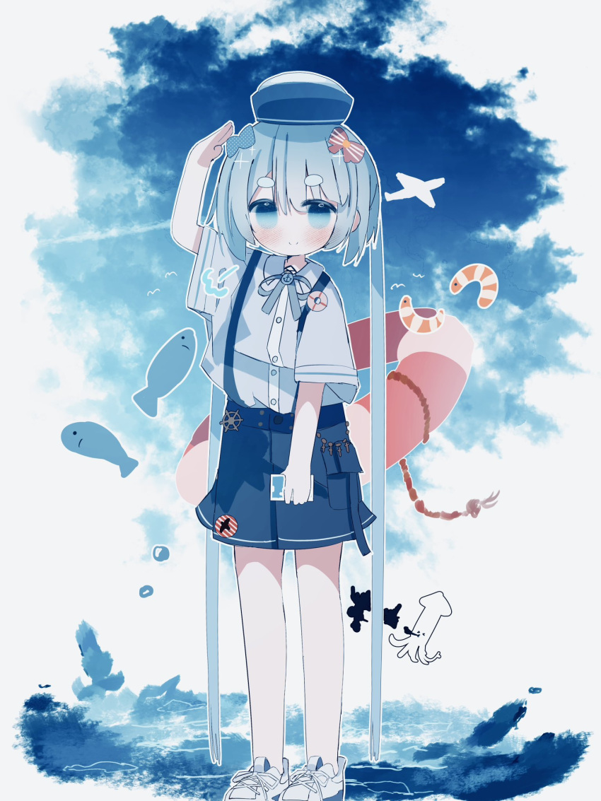1girl, =3, aircraft, airplane, animal, bird, blue_bow, blue_bowtie