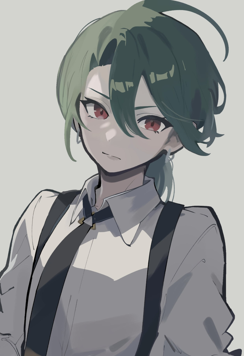 1girl, ahoge, black_necktie, closed_mouth, collared_shirt, commentary, earrings, eyelashes