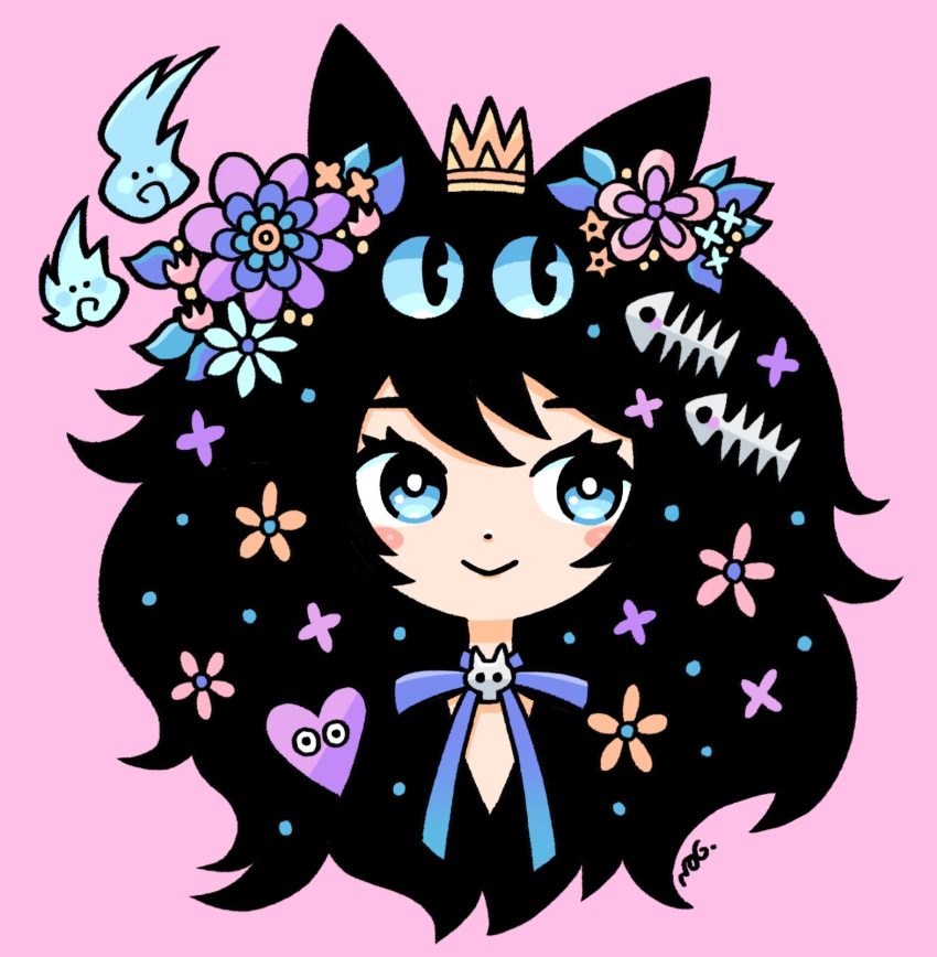 1girl, animal_ears, black_hair, blue_choker, blue_eyes, blue_flower, blush_stickers, bright_pupils
