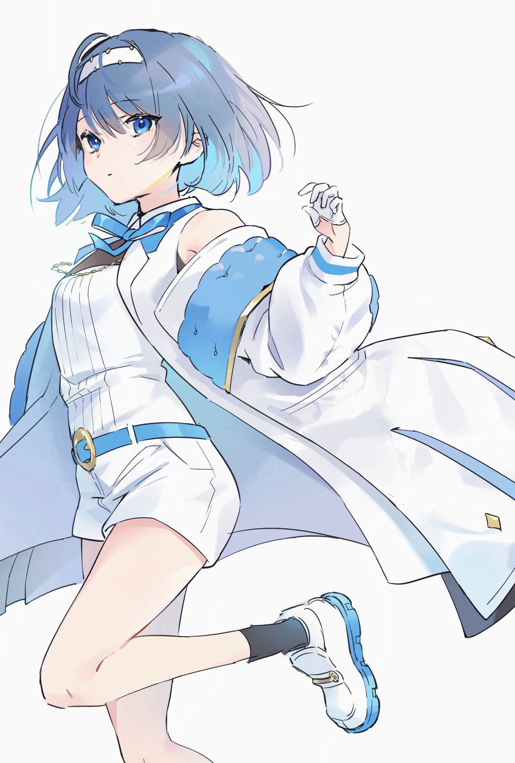 1girl, black_socks, blue_eyes, blue_hair, blue_ribbon, blue_skirt, blush, cevio, chipochopo324, clothing_cutout, coat, dot_mouth, floating_hair, foot_out_of_frame, gloves, hairband, hand_up, highres, long_sleeves, looking_at_viewer, neck_ribbon, open_clothes, open_coat, puffy_long_sleeves, puffy_sleeves, ribbed_shirt, ribbon, shirt, shoes, short_hair, short_shorts, shorts, shoulder_cutout, skirt, sneakers, socks, solo, standing, standing_on_one_leg, suzuki_tsudumi, white_coat, white_footwear, white_gloves, white_hairband, white_shirt, white_shorts