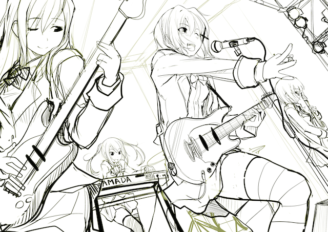 black_hair, bokura_wa_piacere, concert, guitar, hasukawa_mizuki, instrument, monochrome, painpa, short_hair, sketch, skirt, striped, striped_legwear, striped_thighhighs, suzuki_ayaka, takano_kotoko, thigh-highs, thighhighs, uniform