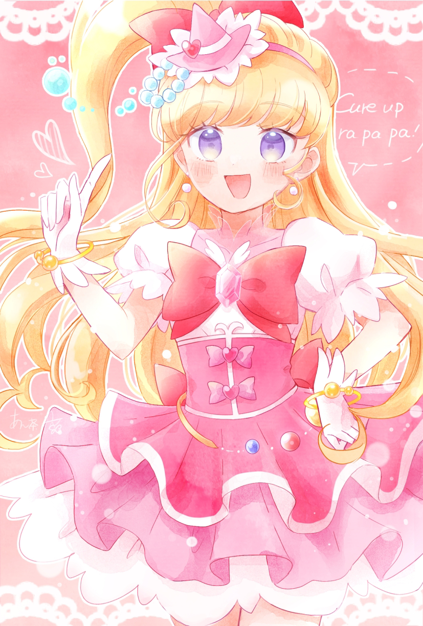 1girl, :d, anko_maccha, asahina_mirai, blonde_hair, bow, bracelet, brooch