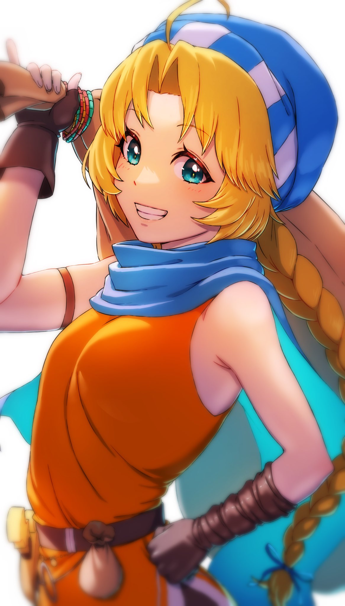 1girl, aduti_momoyama, bare_shoulders, belt, blonde_hair, blue_eyes, blue_scarf, braid
