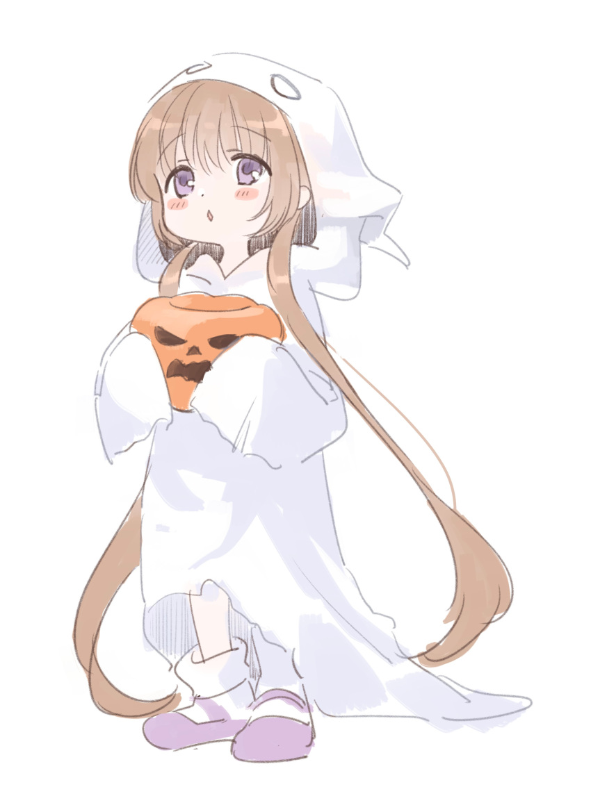 1girl, absurdres, alternate_costume, blush_stickers, brown_hair, chipochopo324, commentary_request, diamond_mouth, food, full_body, ghost_costume, highres, holding, holding_food, holding_pumpkin, holding_vegetable, hood, hood_up, jack-o'-lantern, long_hair, looking_up, loose_socks, low_twintails, mary_janes, open_mouth, pumpkin, purple_footwear, raised_eyebrows, shoes, simple_background, sleeves_past_fingers, sleeves_past_wrists, socks, solo, trick-or-treating, tsukuyomi_ai, twintails, vegetable, very_long_hair, violet_eyes, voiceroid, white_background, white_socks