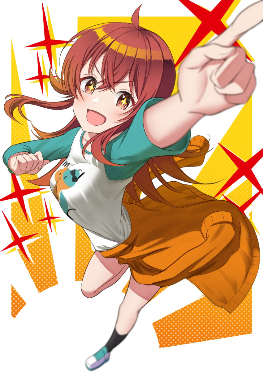 1girl, ahoge, arm_up, black_socks, blue_sleeves, blurry_edges, blush, breasts