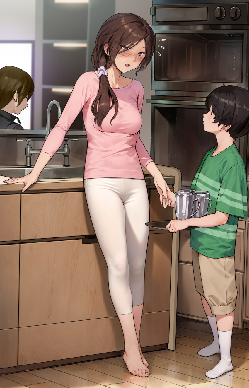 1girl, 2boys, absurdres, age_difference, barefoot, black_hair, black_shirt, blonde_hair