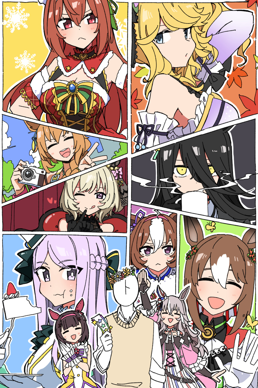 1other, 6+girls, ;p, ^_^, animal_ears, brand-new_friend_(umamusume), cake, closed_eyes