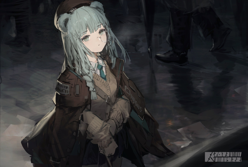 1girl, absurdres, animal_ears, aqua_eyes, aqua_hair, arknights, bear_ears, braid