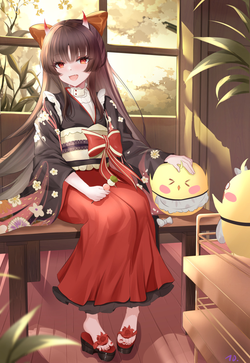 1girl, :d, absurdres, azur_lane, black_kimono, blush, bow, brown_hair