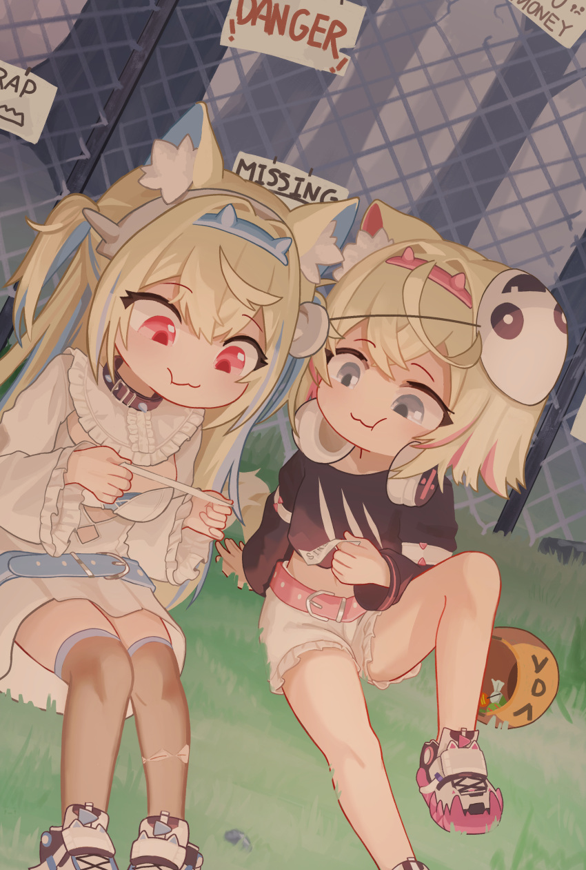 2girls, absurdres, animal_ears, belt, belt_collar, black_collar, black_shirt, blonde_hair, blue_belt, blue_eyes, blue_hair, breasts, collar, cropped_shirt, dog_ears, dog_girl, dress, fishnet_thighhighs, fishnets, frilled_shorts, frills, fuwawa_abyssgard, halloween_bucket, headphones, headphones_around_neck, highres, holding, holding_paper, hololive, hololive_english, long_hair, mask, mask_on_head, medium_breasts, missing_poster, mococo_abyssgard, multicolored_hair, multiple_girls, nanachides, paper, pink_belt, pink_eyes, pink_hair, shirt, shoes, short_shorts, shorts, siblings, sisters, sitting, sneakers, spiked_collar, spikes, streaked_hair, thigh-highs, twins, two_side_up, virtual_youtuber, white_dress, white_footwear, white_shorts