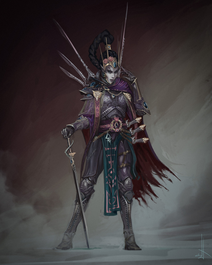 1girl, absurdres, arm_guards, armor, black_hair, braid, chest_jewel, cloak, eldar, forehead_jewel, gem, highres, holding, holding_sword, holding_weapon, multiple_swords, nictanova, ornate_clothes, purple_cloak, purple_footwear, purple_gemstone, simple_background, strap, sword, warhammer_40k, weapon