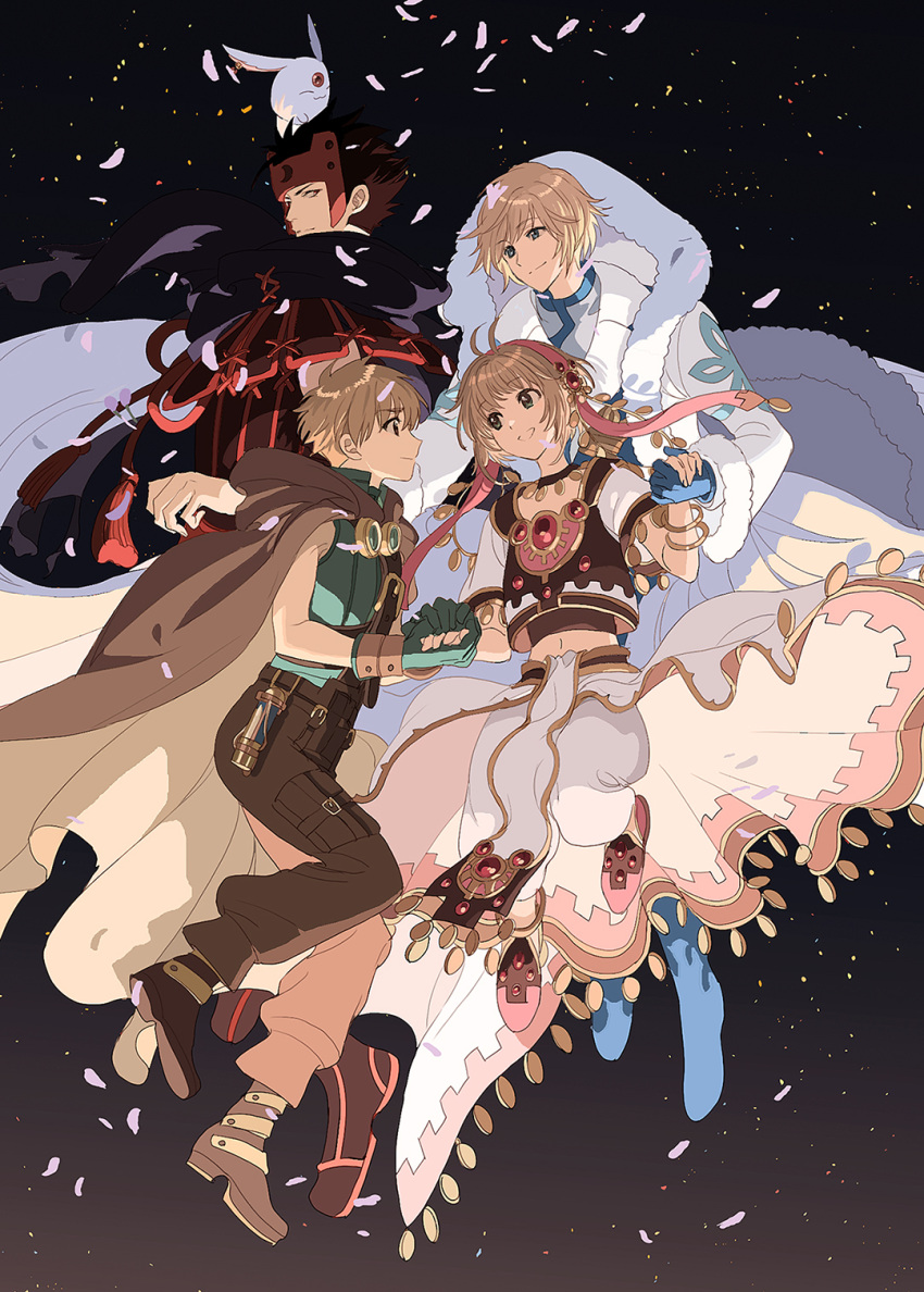 1girl, 3boys, antenna_hair, belt, black_background, black_footwear, black_hair, black_scarf, blonde_hair, blue_eyes, blue_footwear, blue_gloves, boots, bracelet, brown_cape, brown_eyes, brown_footwear, brown_hair, brown_pants, buckle, cape, closed_mouth, crop_top, fai_d._flowright, falling_petals, full_body, fur-trimmed_cape, fur_trim, gloves, goggles, goggles_around_neck, gold_bracelet, gold_trim, gradient_background, green_eyes, green_gloves, green_shirt, hair_ornament, hairband, headgear, highres, holding_hands, jewelry, jumping, kurogane_(tsubasa_chronicle), looking_at_another, looking_to_the_side, midriff, mokona, multiple_boys, navel, okazaki_oka, open_mouth, pants, petals, pink_footwear, pink_hairband, profile, puffy_pants, red_eyes, red_tassel, sakura_hime, scarf, shirt, shoes, short_hair, short_sleeves, showgirl_skirt, skirt, sleeveless, sleeveless_shirt, smile, spiky_hair, tsubasa_chronicle, undershirt, white_cape, white_pants, white_shirt, white_skirt, xiaolang