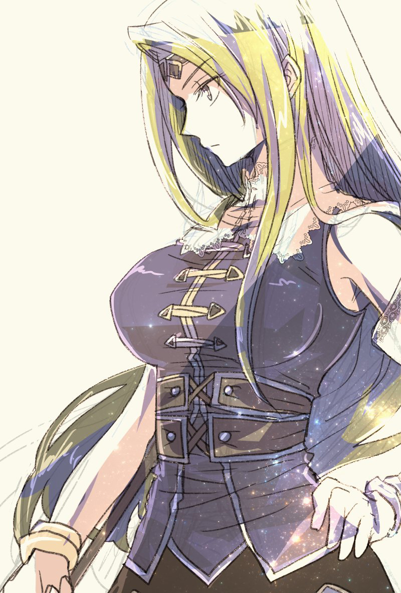 1girl, blonde_hair, breasts, circlet, closed_mouth, elbow_gloves, gloves, harushino