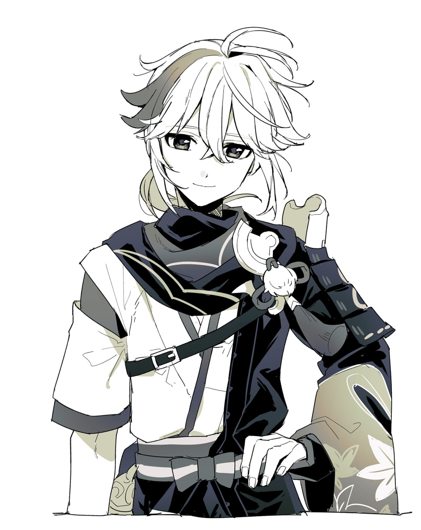 1boy, armor, genshin_impact, greyscale, hair_between_eyes, hand_on_own_hip, highres, japanese_armor