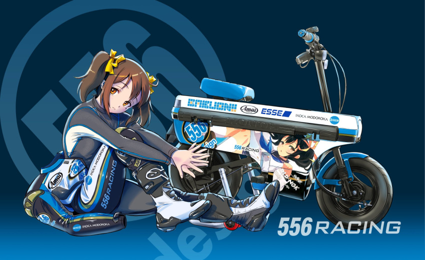 bakuon!!, black_jumpsuit, black_shirt, blue_background, boots, brand_name_imitation, brown_hair, copyright_name