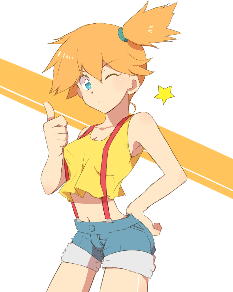 hand_on_hip, kasumi_(pokemon), midriff, navel, orange_hair, pokemon, pokemon_(game), short_hair