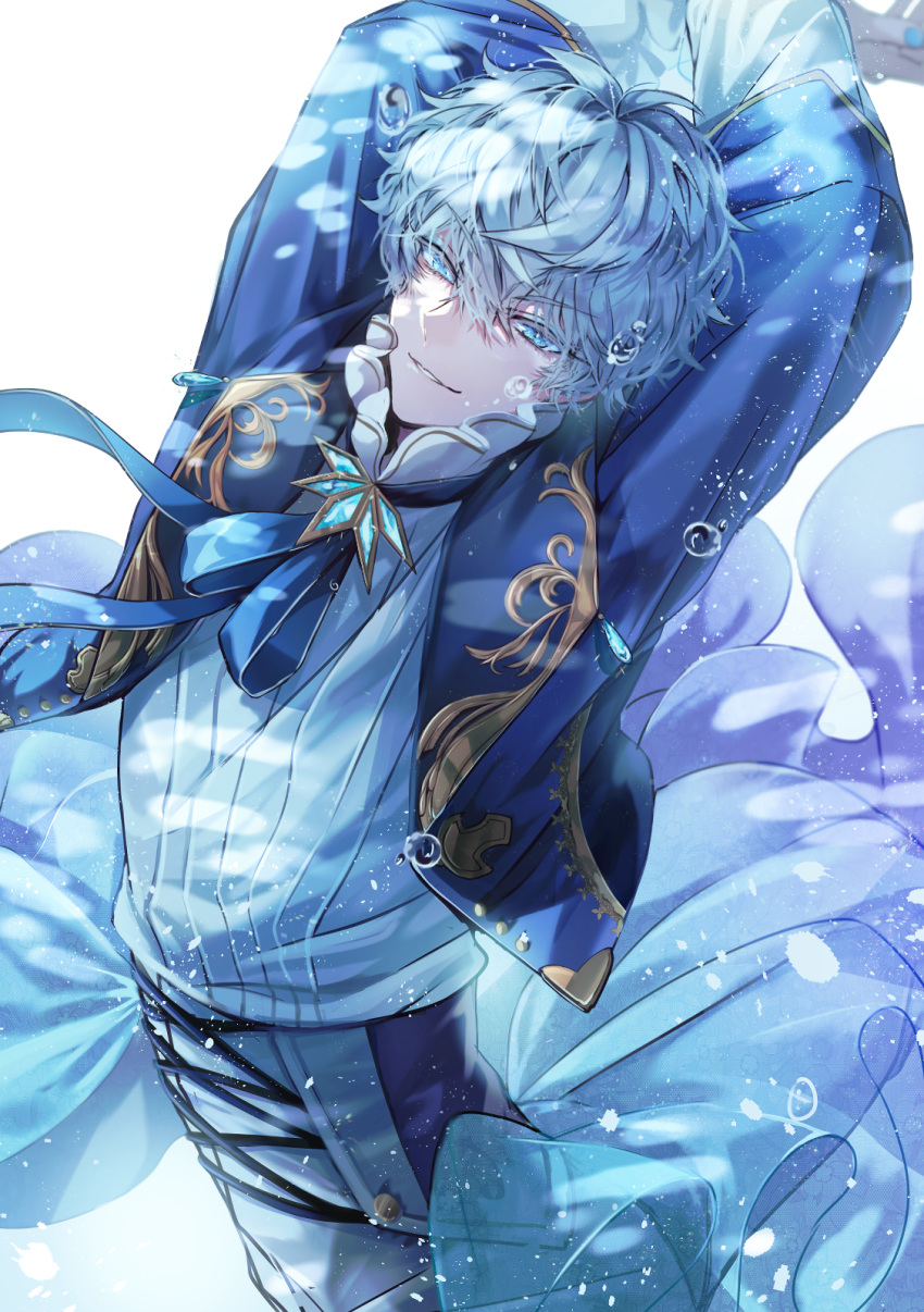 1boy, black_pants, blue_eyes, blue_jacket, blue_necktie, ensemble_stars!, grey_hair, highres
