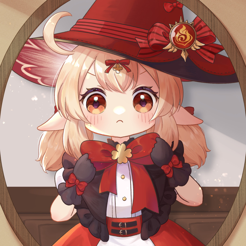 1girl, :c, adjusting_bowtie, ahoge, belt, black_gloves, bow, bowtie, commentary_request, dress, frilled_dress, frills, frown, genshin_impact, gloves, hair_between_eyes, hat, headpiece, highres, indoors, klee_(blossoming_starlight)_(genshin_impact), klee_(genshin_impact), light_brown_hair, long_hair, looking_at_viewer, low_twintails, mirror, mirror_image, nami_harakamiaka, official_alternate_costume, orange_eyes, pointy_ears, red_bow, red_bowtie, short_sleeves, sidelocks, solo, twintails, vision_(genshin_impact), witch_hat