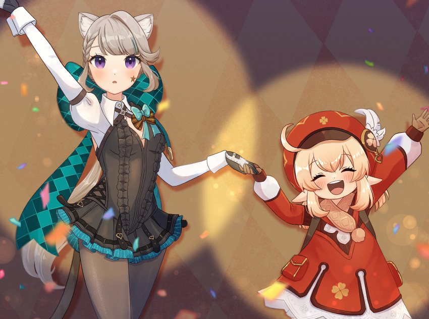 2girls, :d, ^_^, absurdres, ahoge, animal_ear_fluff, animal_ears, arm_up