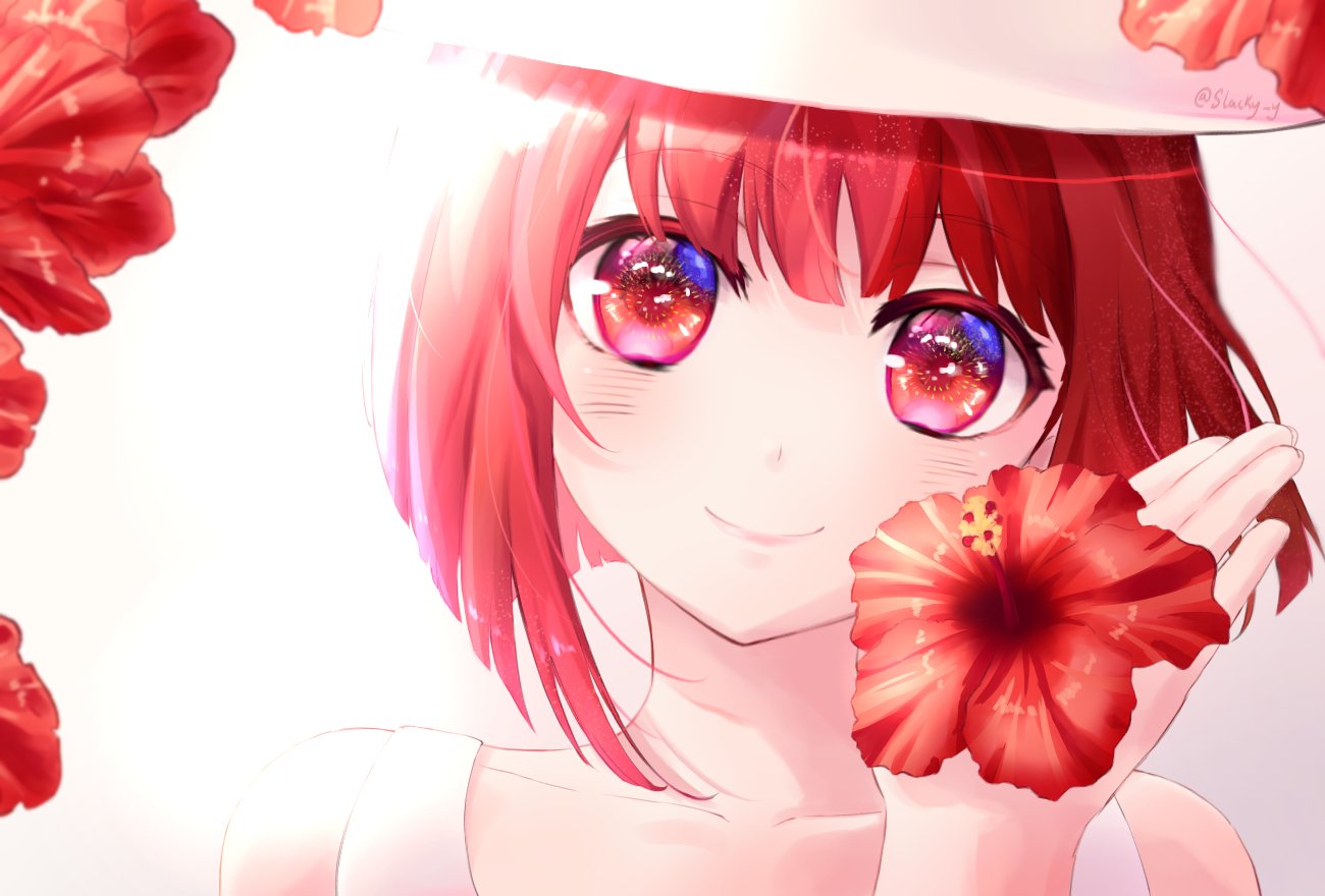 1girl, arima_kana, bare_shoulders, bob_cut, closed_mouth, collarbone, flower, gradient_background, grey_background, hand_up, hat, head_tilt, holding, holding_flower, looking_at_viewer, open_hand, oshi_no_ko, portrait, red_eyes, red_flower, redhead, short_hair, slacky_y, smile, solo, twitter_username, white_background, white_headwear