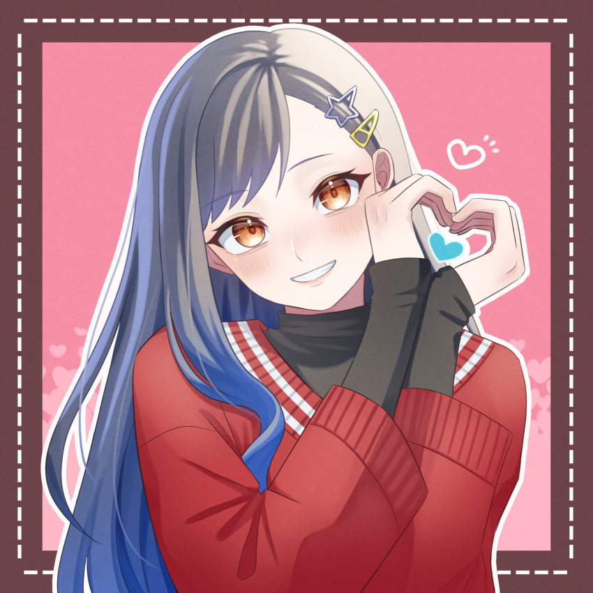 1girl, blue_hair, commentary, hair_ornament, hairclip, hands_up, heart, heart_hands