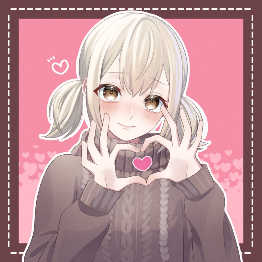 1girl, azusawa_kohane, blush, brown_eyes, closed_mouth, commentary, fingernails, hands_up
