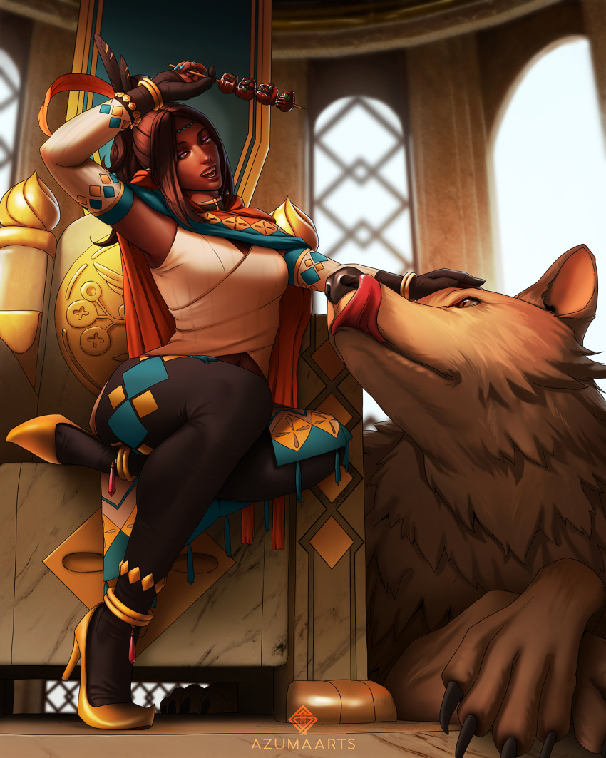 1girl, 1other, azuma_yasuo, dark-skinned_female, dark_skin, fire_emblem, fire_emblem_engage, food, highres, meat, star-shaped_pupils, star_(symbol), symbol-shaped_pupils, throne, timerra_(fire_emblem), wolf