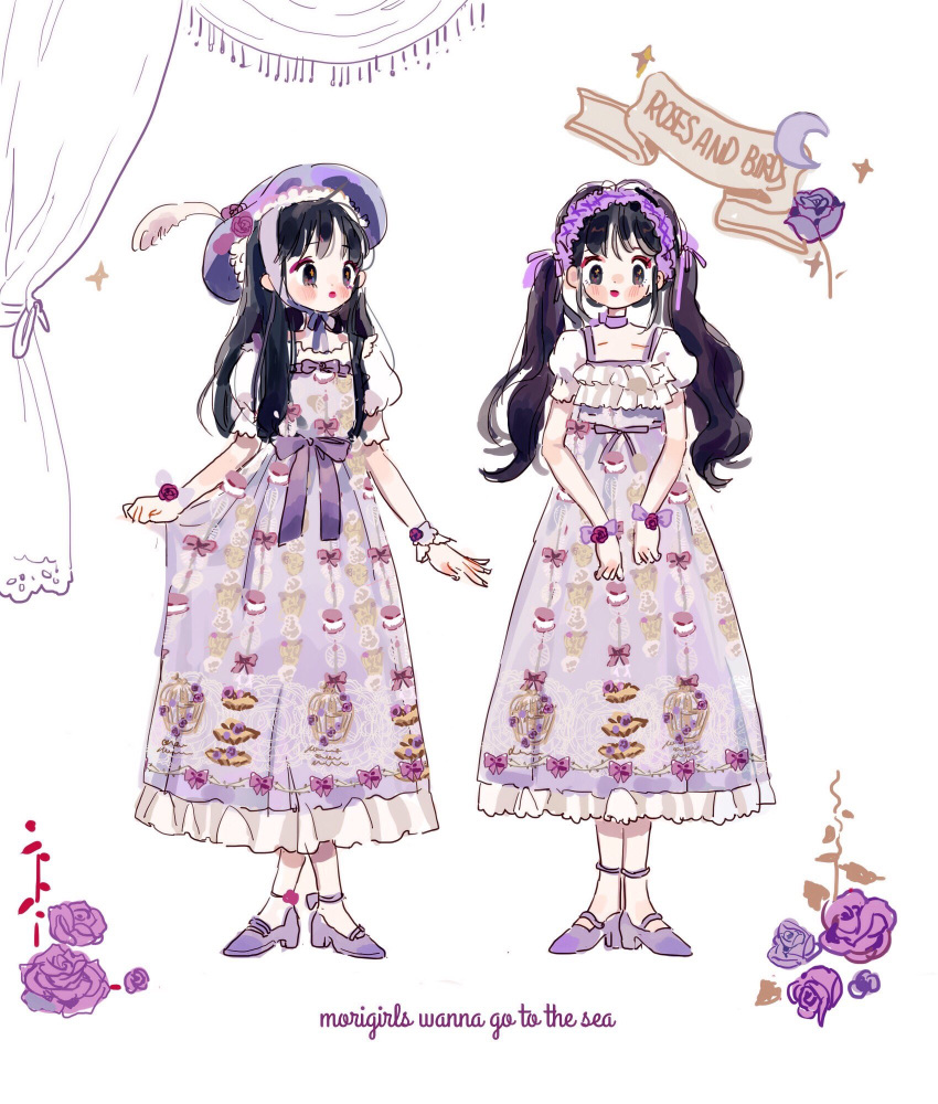 2girls, banner, beret, birdcage, black_eyes, black_hair, bow, bow_choker