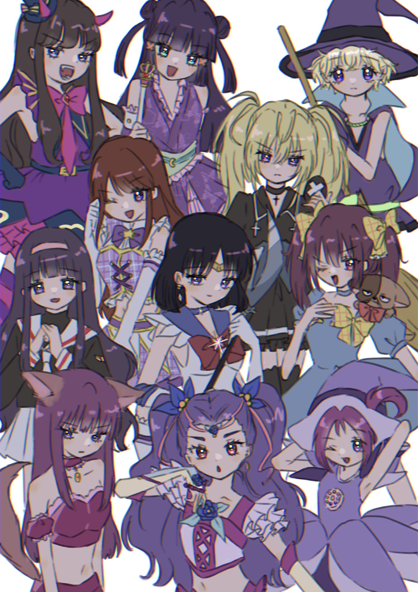 6+girls, aikatsu!, aikatsu!_(series), animal, antenna_hair, aqua_eyes, arm_up, arms_up
