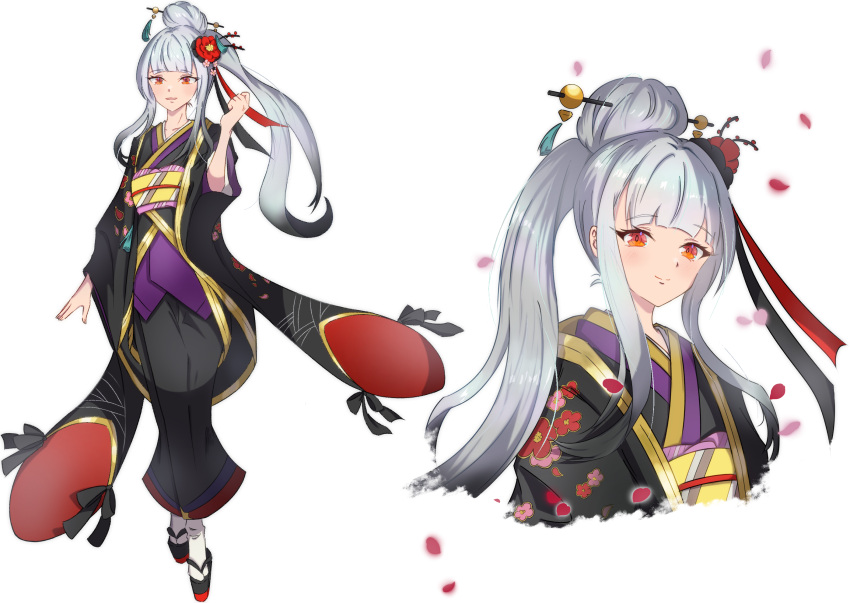1girl, black_kimono, blunt_bangs, dragalia_lost, floral_print, full_body, grey_hair, hair_bun