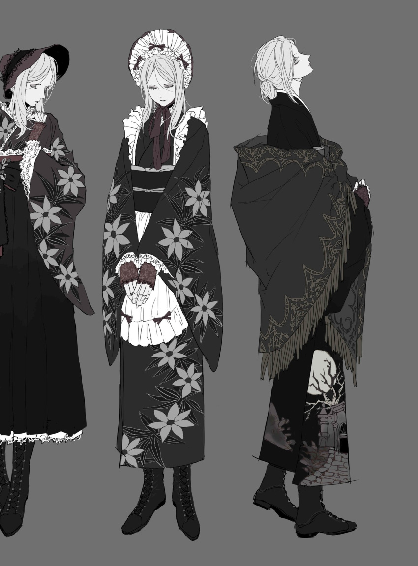 1girl, alternate_costume, black_footwear, bloodborne, bonnet, boots, closed_eyes, closed_mouth