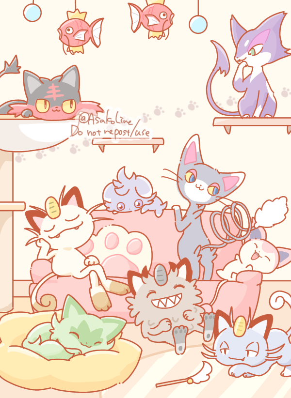 :3, alolan_meowth, artist_name, asakoline, bean_bag_chair, cat, cat_teaser, cat_tower