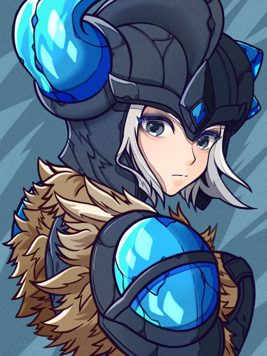 1girl, blue_eyes, closed_mouth, expressionless, from_behind, fur_trim, grey_background, helmet, highres, horns, kawaguti_kappa, league_of_legends, looking_at_viewer, looking_back, sejuani, short_hair, simple_background, solo, upper_body, white_hair