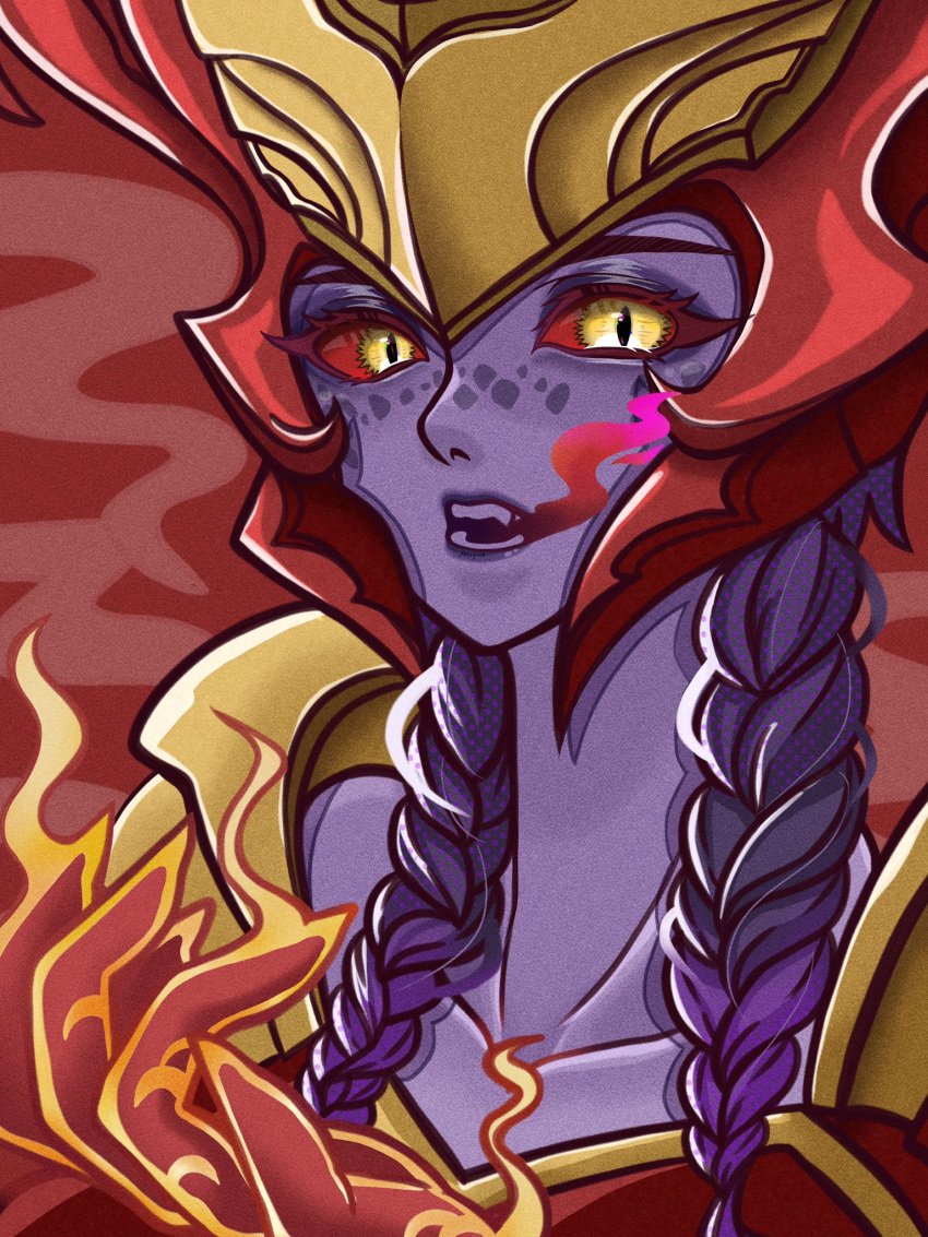1girl, colored_sclera, colored_skin, dragon_girl, glowing, glowing_hand, highres, kawaguti_kappa, league_of_legends, looking_at_viewer, open_mouth, purple_hair, purple_skin, red_background, red_sclera, shyvana, simple_background, solo, upper_body, yellow_eyes
